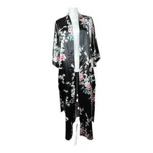 Old Shanghai Satin Floral And Peacock Belted Kimono Robe One Size